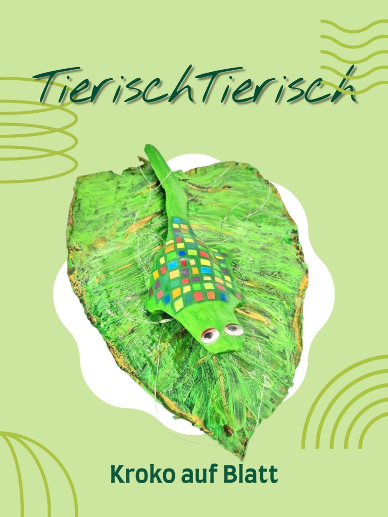 buntes Krokodil mit Kulleraugen liegt auf einem großen grünem Blatt