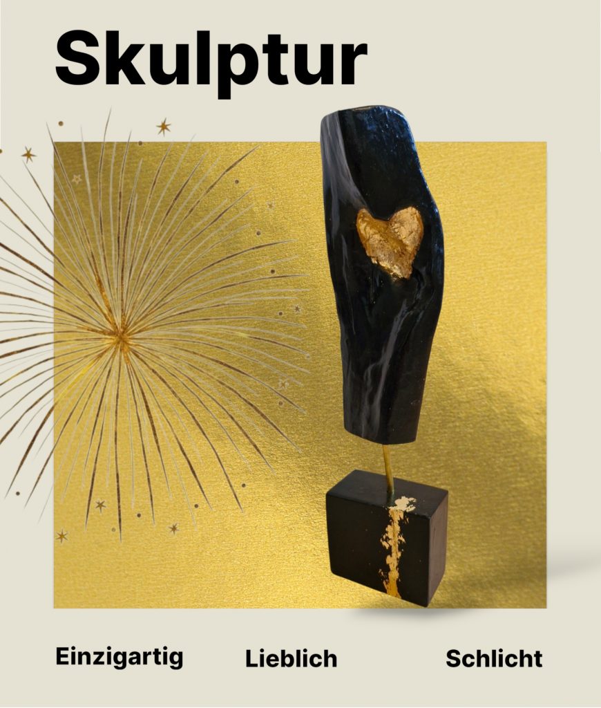 Holz in schwarz angemalt und in der Ecke ist ein großes goldenes Herz. mit schwarzem ockel und goldener Verzierung