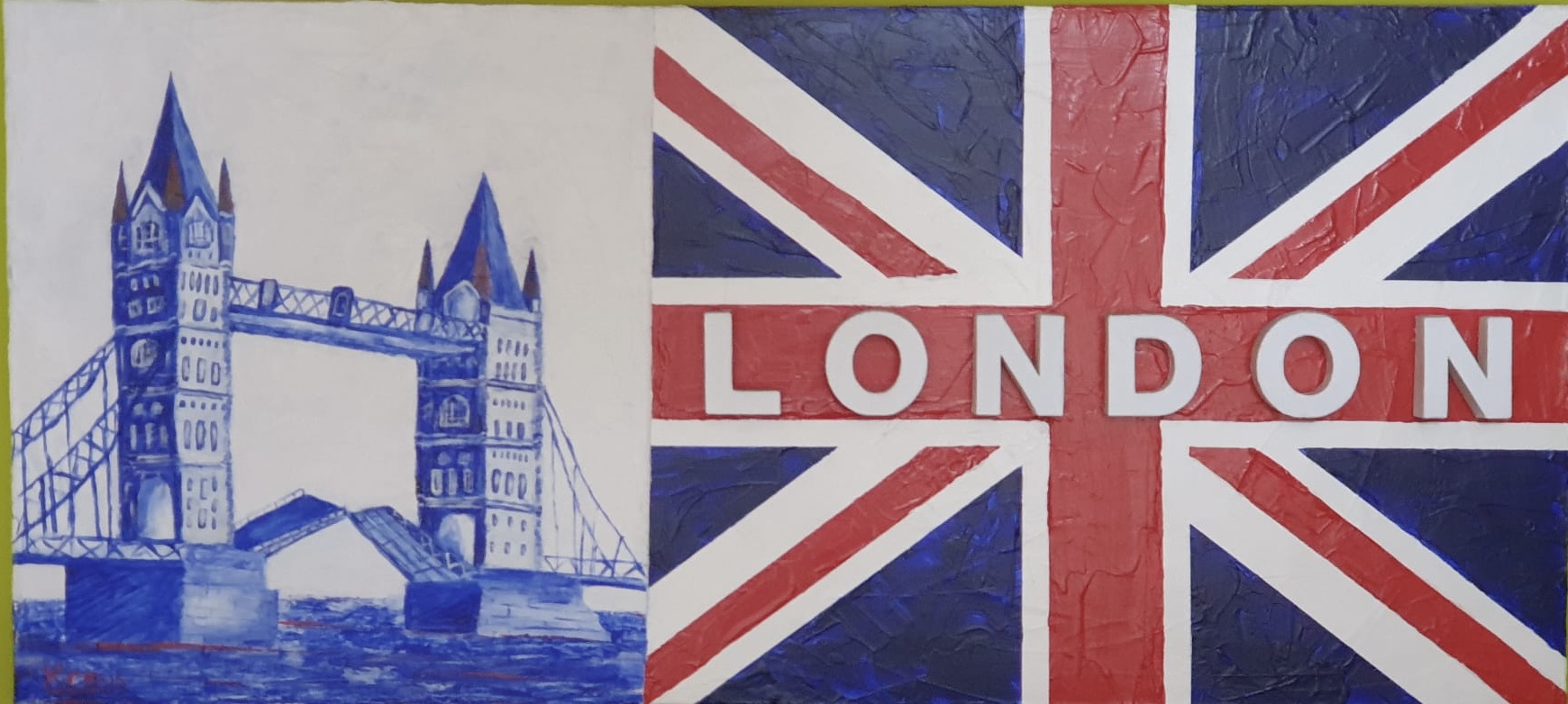 Londoner Flagge mit 3D-Buchstaben mit dem Text London. Links neben der Flagge die London Bridge in blau gezeichnet in Acryltechnik.