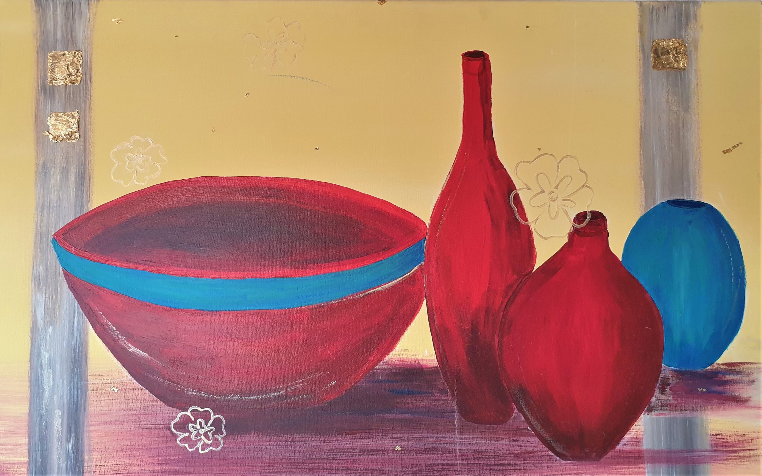 3 Gefäße eine rote Schale mit blauem Rand ein rote Flasche eine rote und blaue Vase