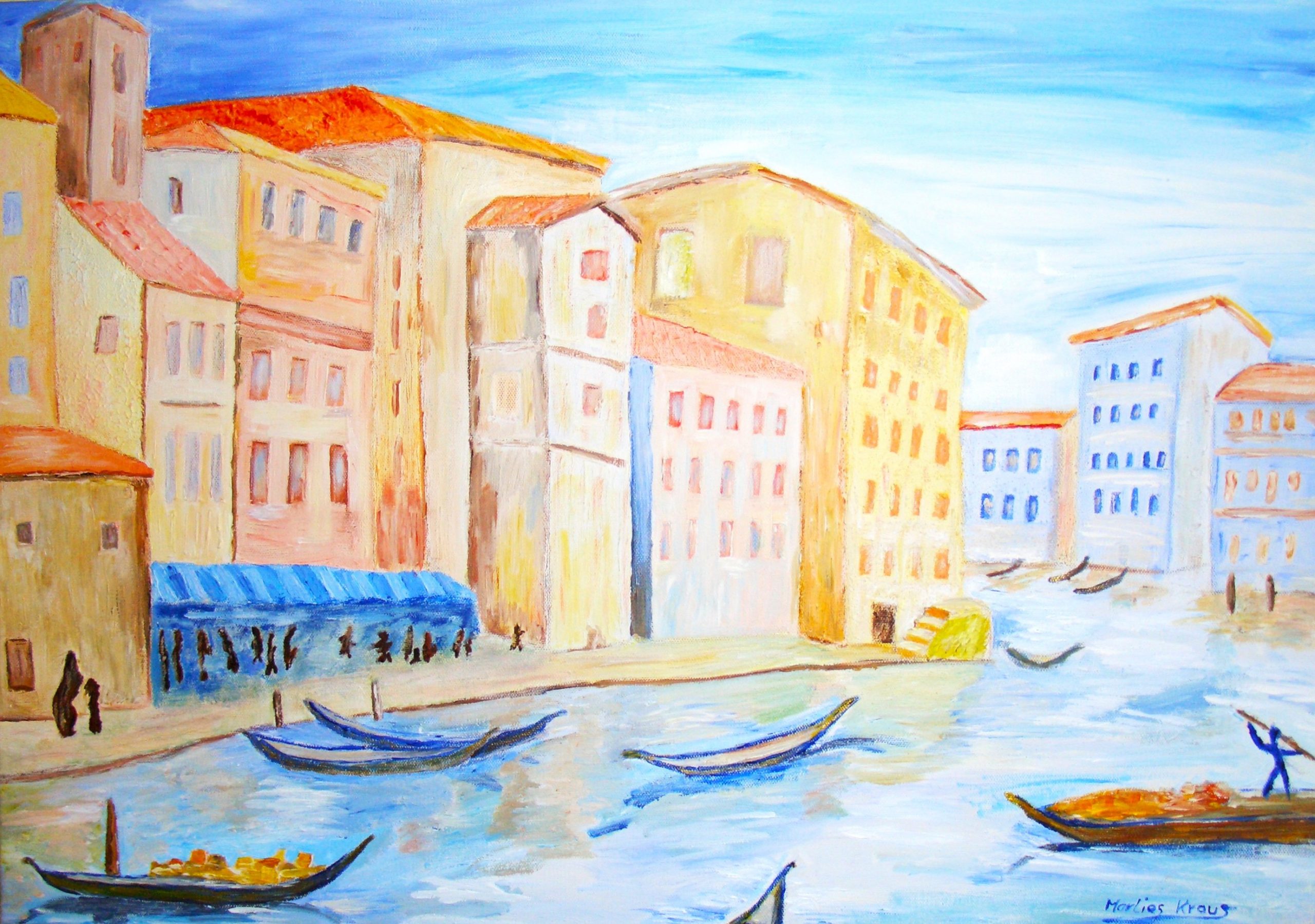 Venidig bei blauem Himmel mit den Gondeln dargestellt. 